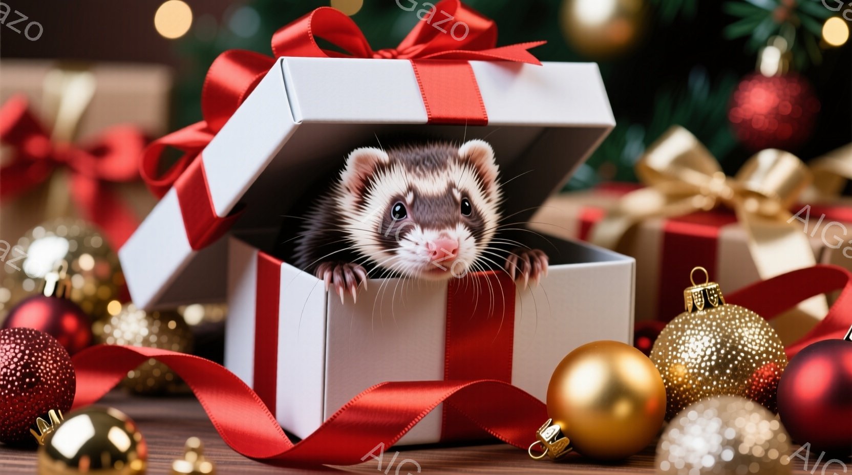 白いギフトボックスの中から、可愛らしいフェレットが顔を出しています。赤いリボンがボックスを飾り、周りにはゴールドと赤のクリスマスオーナメントが散りばめられています。背景にはぼやけたクリスマスツリーが見 - AI生成フリー素材