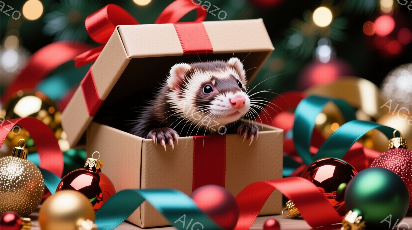 茶色のイタチが茶色のギフトボックスの中から顔を出し、前足で箱の縁につかまっています。背景には、赤と緑のリボン、そして様々な色のクリスマスオーナメントが散りばめられており、キラキラと輝く光が全体を照らし - AI生成フリー素材