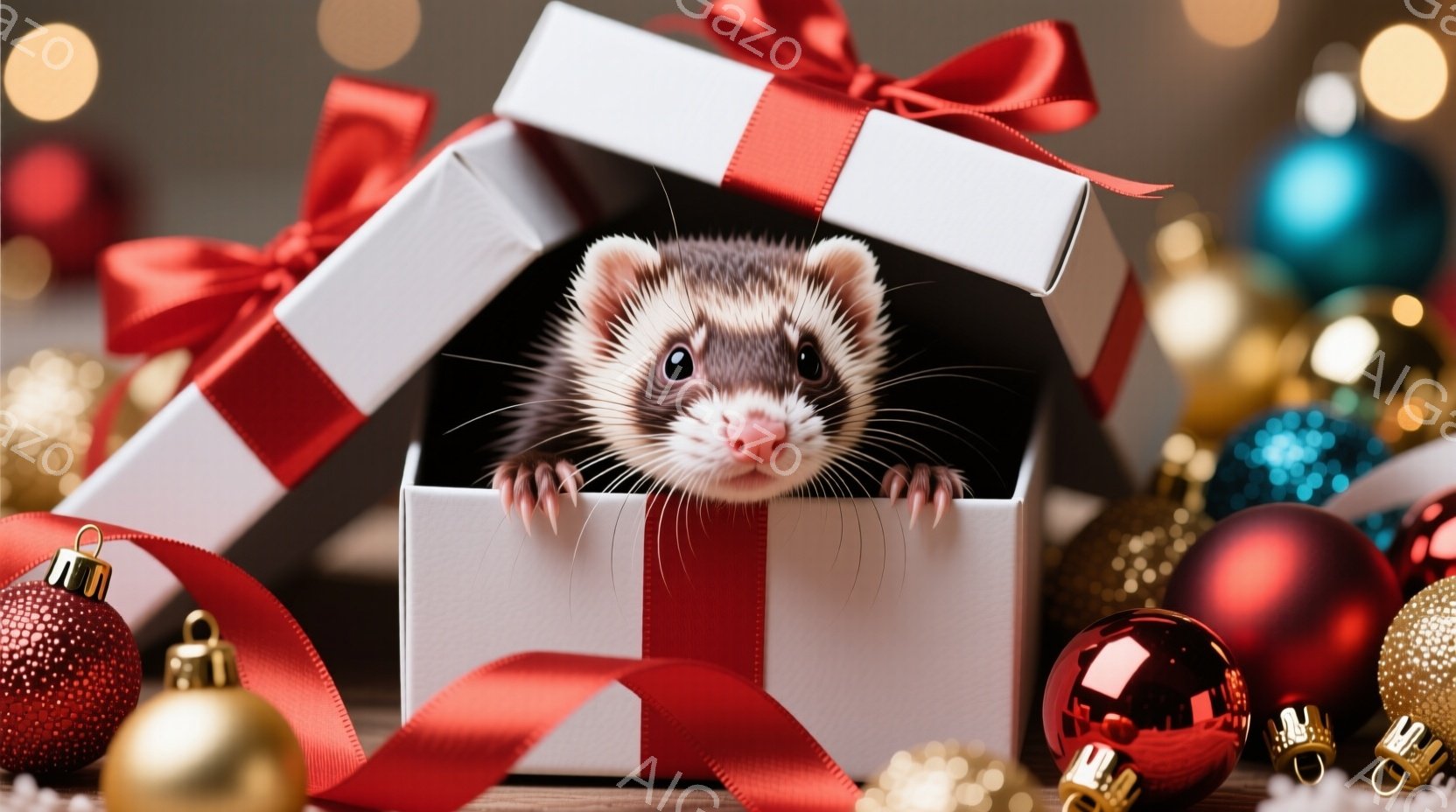 白いギフトボックスから顔を出し、好奇心いっぱいの表情でこちらを見つめるフェレットが写っています。赤いリボンが箱を飾り、背景には赤や金、青のクリスマスオーナメントが散りばめられて、華やかな祝祭の雰囲気を醸し出しています。全体的に温かく、遊び心に満ちた印象を与える写真です。