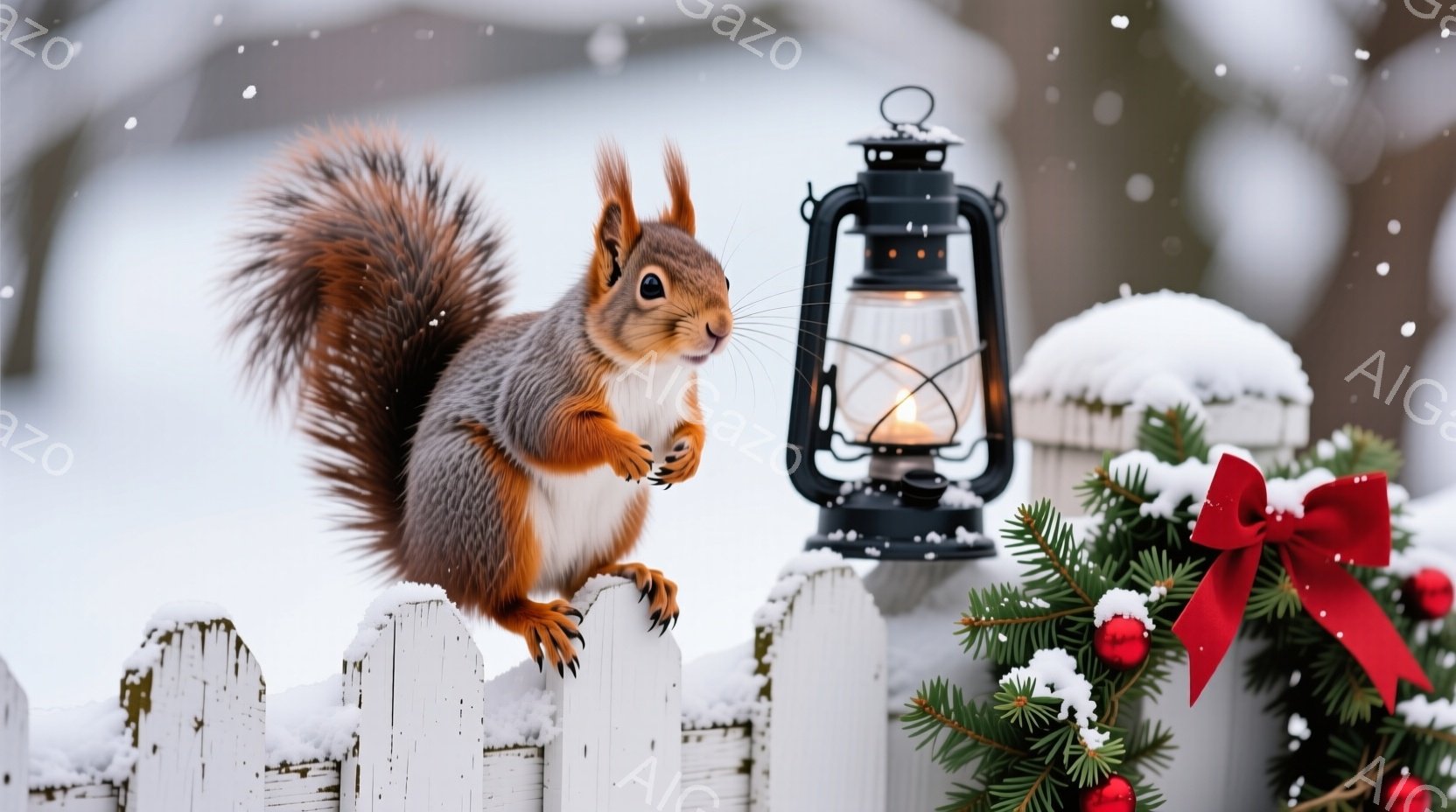 白い柵にリスが前足をかけて飛び跳ねようとしている姿が写っている。背景には、雪で覆われた植物と、点灯したランタン、そして赤いリボンと実がついた枝があり、冬の静かで穏やかな雰囲気を醸し出している。リスは明 - AI生成フリー素材