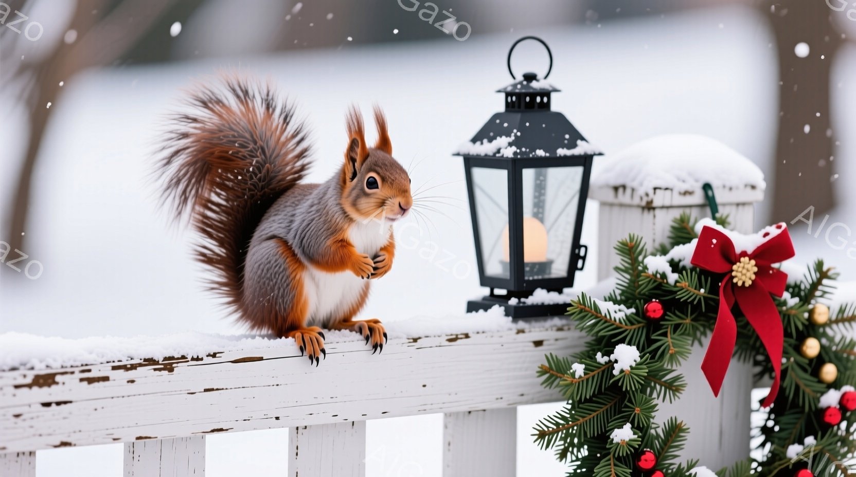 白い木の柵に、ふさふさとした尾を持つリスが前足を組んで座っています。背景には、雪で覆われた木々、クリスマスの飾り付け（赤いリボンと松葉）、そしてろうそくの入った黒いランタンが置かれています。全体的に、 - AI生成フリー素材