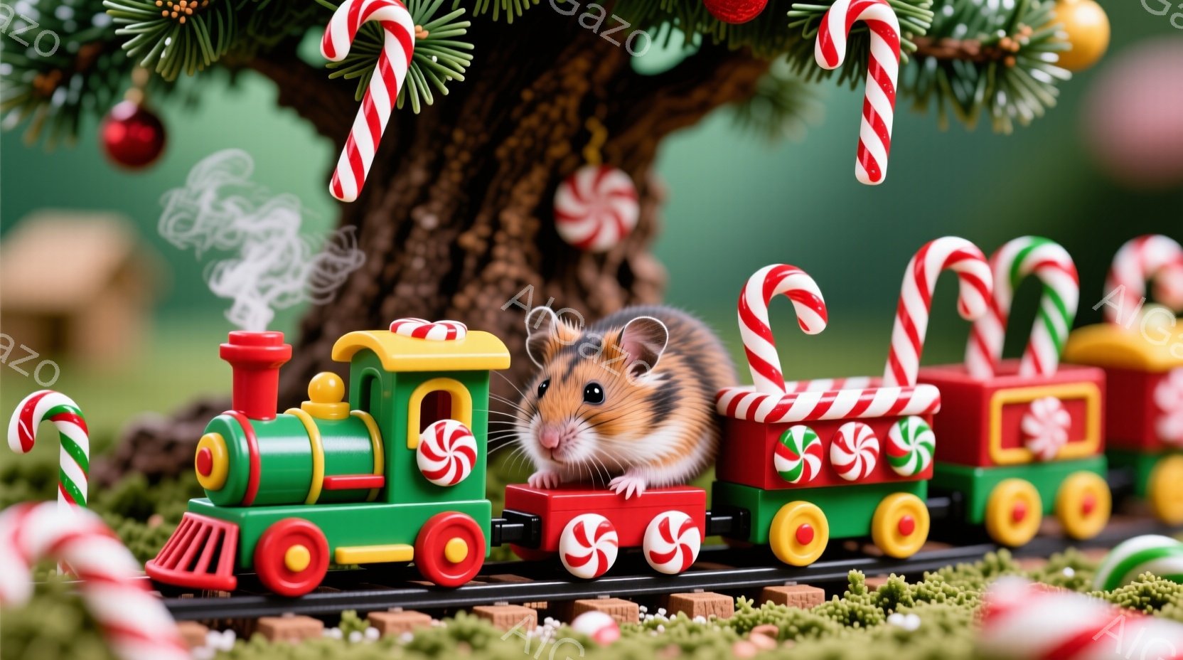 クリスマスツリーの背景に、緑と赤のプラスチック製のおもちゃの列車が写っています。列車の真ん中には、ふわふわのハムスターが可愛らしく座っており、少し困ったような表情をしています。背景には、キャンディケーンやクリスマスオーナメントが飾られ、雪のようなものが敷き詰められた線路の上を列車が走っている、遊び心のある冬の雰囲気が漂っています。
