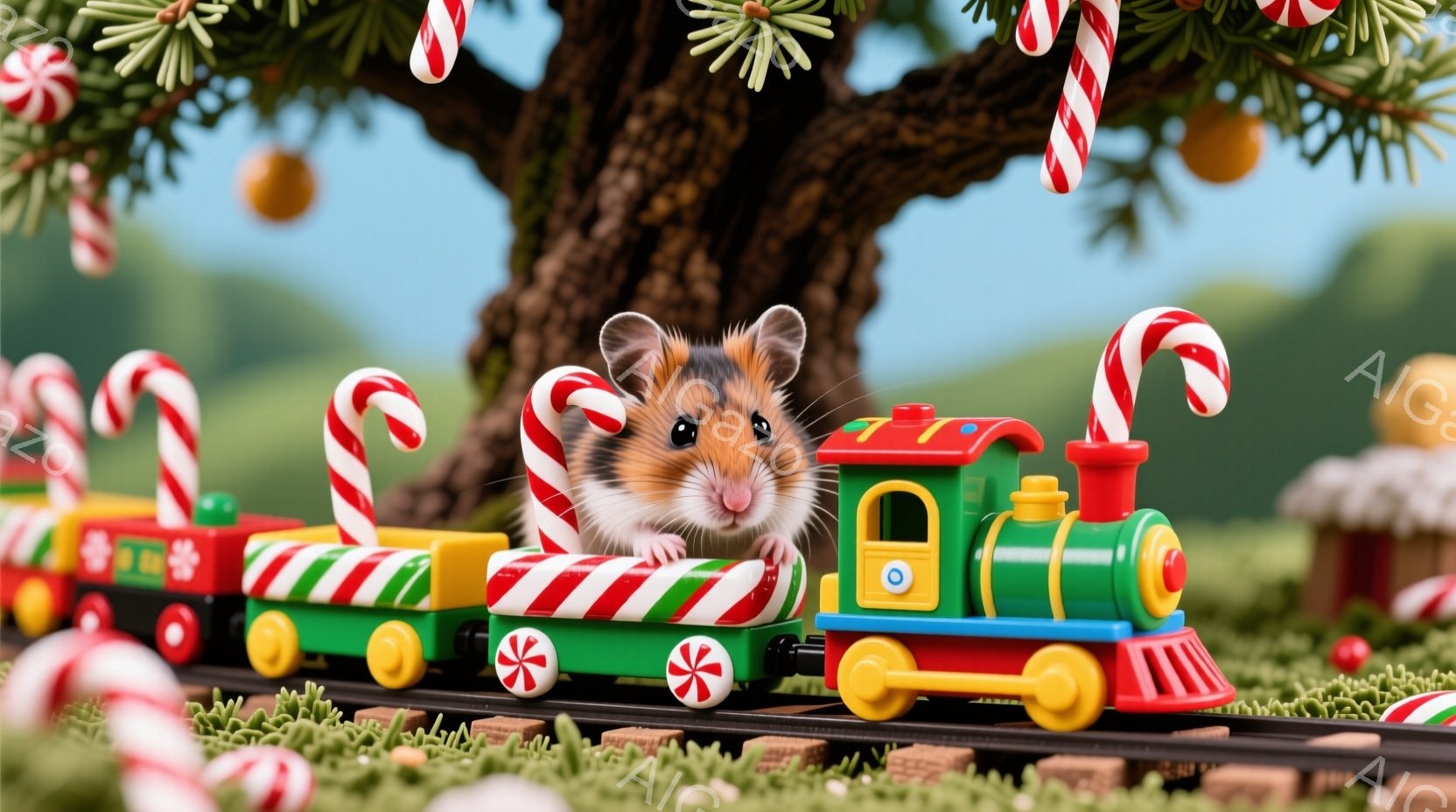 小さなハムスターが、カラフルなクリスマス模様の列車を運転しています。背景には緑の芝生と、キャンディケーンが飾られたクリスマスツリーの一部が見え、お祭り気分を盛り上げています。列車は緑、赤、黄色の車輪で構成され、可愛らしい雰囲気を醸し出しています。