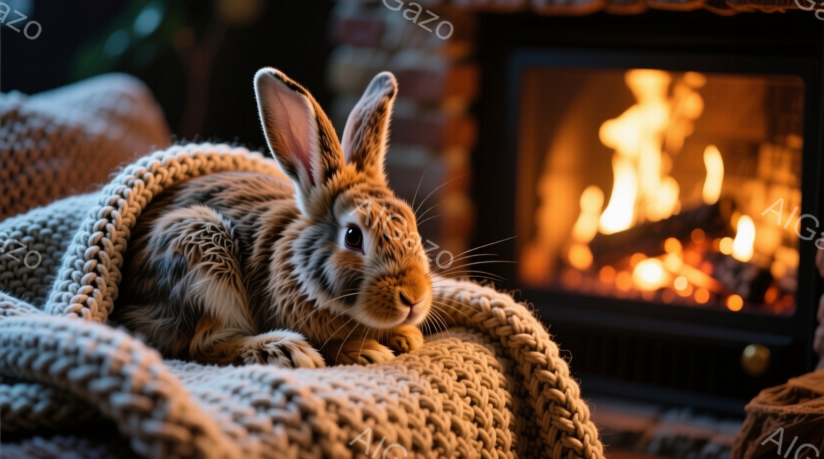 暖炉のそばで、クリーム色の編み物で包まれた茶色のウサギがリラックスして横たわっています。ウサギは正面を見つめ、少し警戒した表情をしています。背景には燃え盛る暖炉があり、部屋全体を暖かく照らしています。