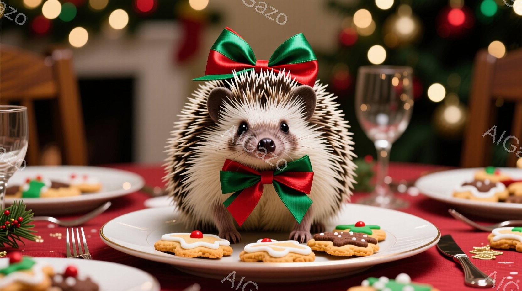 クリスマスらしい赤いテーブルクロスの上に、緑色のリボンを付けた可愛らしいハリネズミが座っています。ハリネズミはクッキーが並んだ皿の中央に位置し、少し上目遣いでカメラを見ており、愛らしい表情をしています。背景には、ぼやけたクリスマスツリーの光や他の食器が見え、温かくお祝いムードに満ちた雰囲気が漂っています。