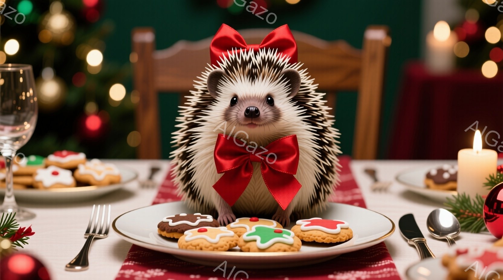 クリスマスをテーマにした食卓に、赤いリボンを首に巻いたハリネズミが座っています。ハリネズミは正面を向き、甘いクッキーが並んだお皿の前にちょこんと座り、穏やかな表情をしています。背景にはぼやけたクリスマ - AI生成フリー素材