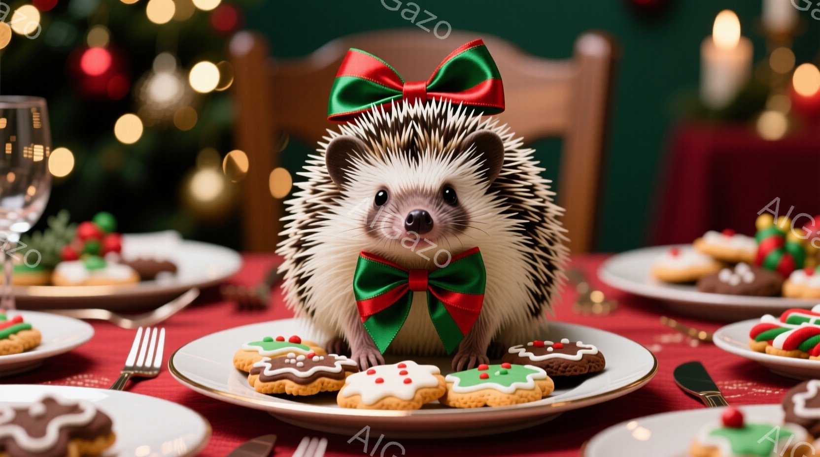 クリスマスを祝うハリネズミが、赤いテーブルクロスの上に置かれたお皿に座っています。緑色の蝶ネクタイを身に着け、可愛らしい表情で、周りにはクリスマスらしいクッキーが並べられています。背景にはぼやけたクリ - AI生成フリー素材