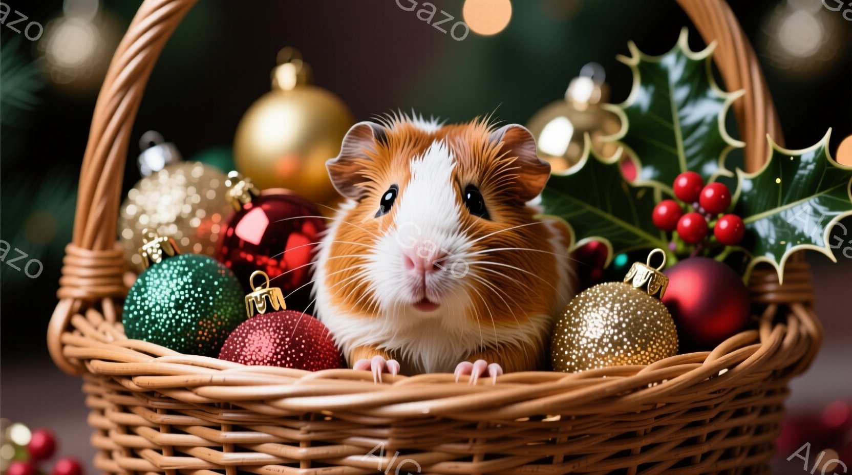 籠の中に可愛らしい茶色と白のモルモットがちょこんと座っています。周囲には赤、緑、金色のクリスマスオーナメントが散りばめられ、背景にはぼやけたクリスマスツリーの光が輝いています。全体的に暖かく、お祝いム - AI生成フリー素材