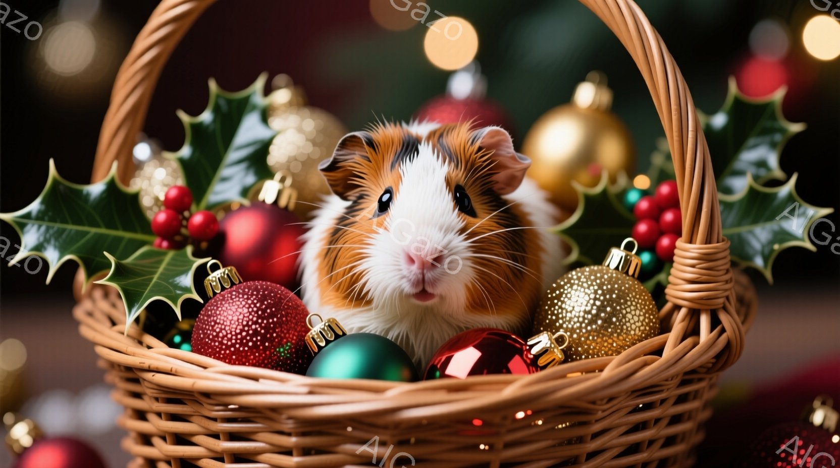 籠の中に、茶色と白の毛並みを持つ可愛らしいモルモットが丸まって座っています。籠の中には、赤、緑、金色のクリスマスオーナメントが散りばめられ、背景にはぼやけたクリスマスツリーの光が暖かく輝いています。全 - AI生成フリー素材