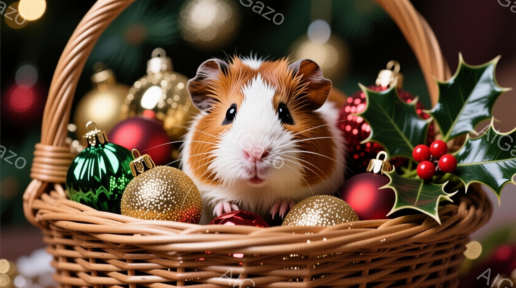 小さなモルモットが、クリスマスオーナメントで満たされた編み込みのバスケットの中にいます。モルモットは茶色と白の毛並みで、丸い目で好奇心旺盛にこちらを見ています。背景には、ぼやけたクリスマスツリーの光が - AI生成フリー素材