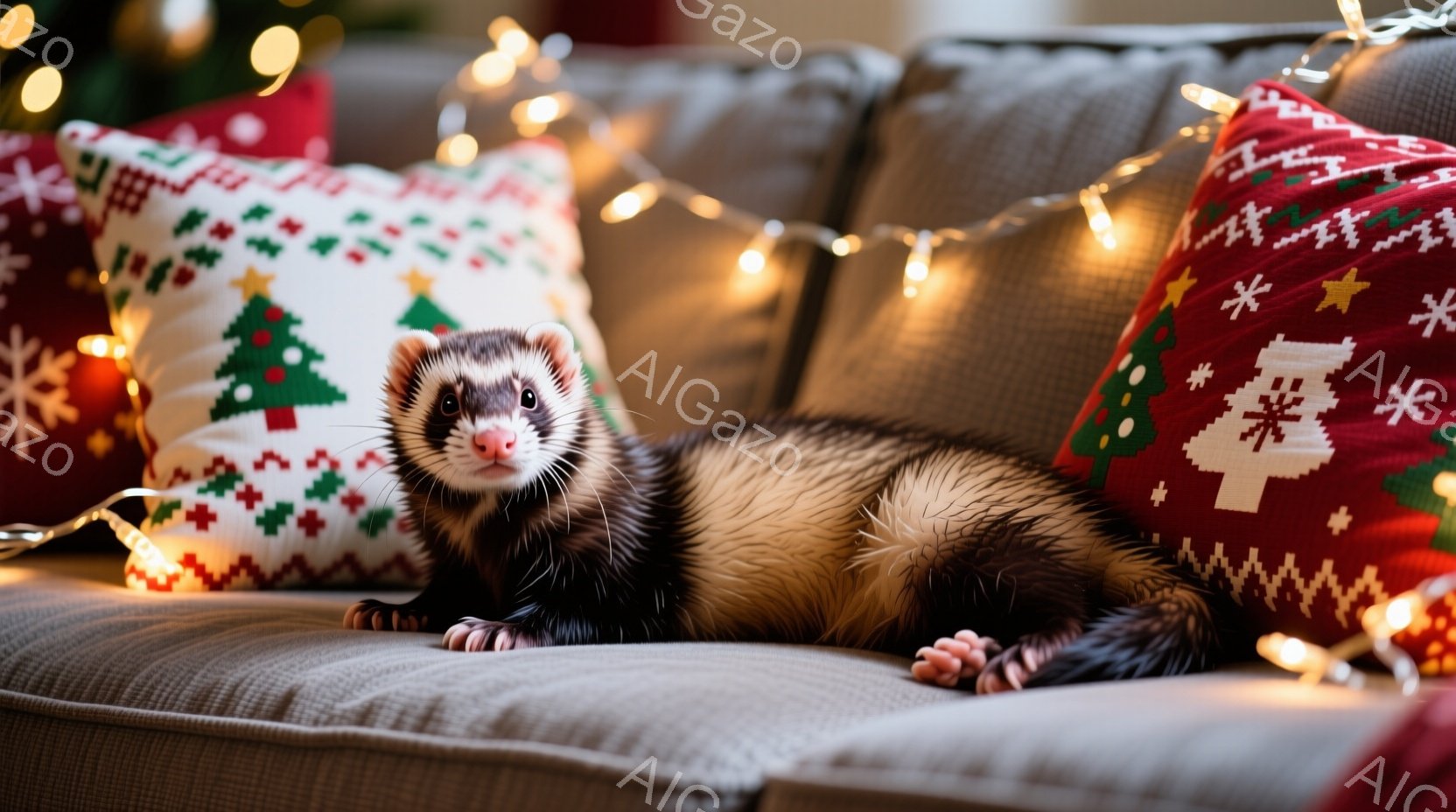 茶色の毛並みのフェレットが、クリスマス柄のクッションに囲まれた灰色のソファに横たわっています。フェレットはリラックスした姿勢で、カメラの方を見て少し微笑んでいるように見えます。背景には、温かい光を放つ - AI生成フリー素材