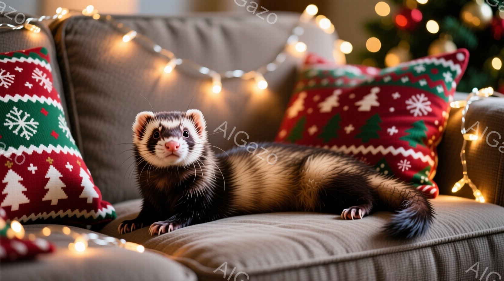 ソファに横たわるイタチが写っている。そのイタチは白と黒の毛並みで、リラックスした表情をしている。背景にはクリスマスらしい柄のクッションと、温かい光のイルミネーションがぼやけて写っており、温かく穏やかな雰囲気を醸し出している。