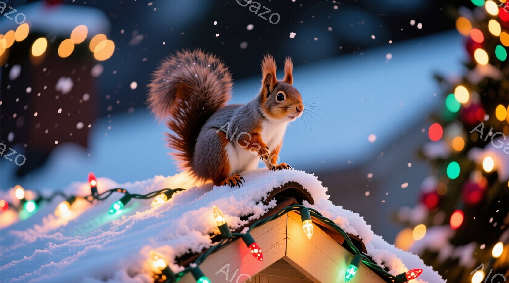 鮮やかなクリスマスライトと雪に覆われた屋根の上で、リスが前足を組み、こちらを見ています。リスはふさふさとした赤い毛並みで、小さな鼻と輝く目を持っています。背景にはぼやけたクリスマスツリーと、降り積もる雪が確認でき、暖かく幻想的な冬の雰囲気を醸し出しています。