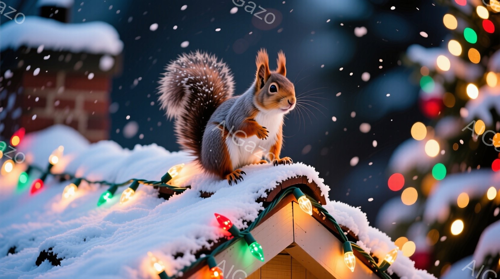 屋根の上には雪が積もり、カラフルなクリスマスライトが飾られています。そこに、ふさふさの毛並みを持つリスが雪の上に立ち、前足を軽く組み、こちらを見ています。背景には、ぼやけたクリスマスツリーと、雪が舞う夜空が広がっており、暖かく穏やかな冬の雰囲気が漂っています。