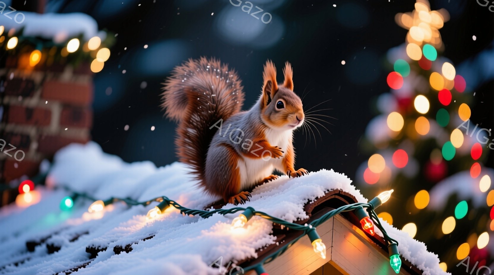 鮮やかなクリスマスライトと雪に覆われた屋根の上に、一匹のリスが座っています。リスは赤褐色の毛並みで、ふさふさとした尻尾を持ち、好奇心旺盛な表情で正面を見ています。背景にはぼやけたクリスマスツリーの光が輝き、冬の暖かく幻想的な雰囲気を醸し出しています。