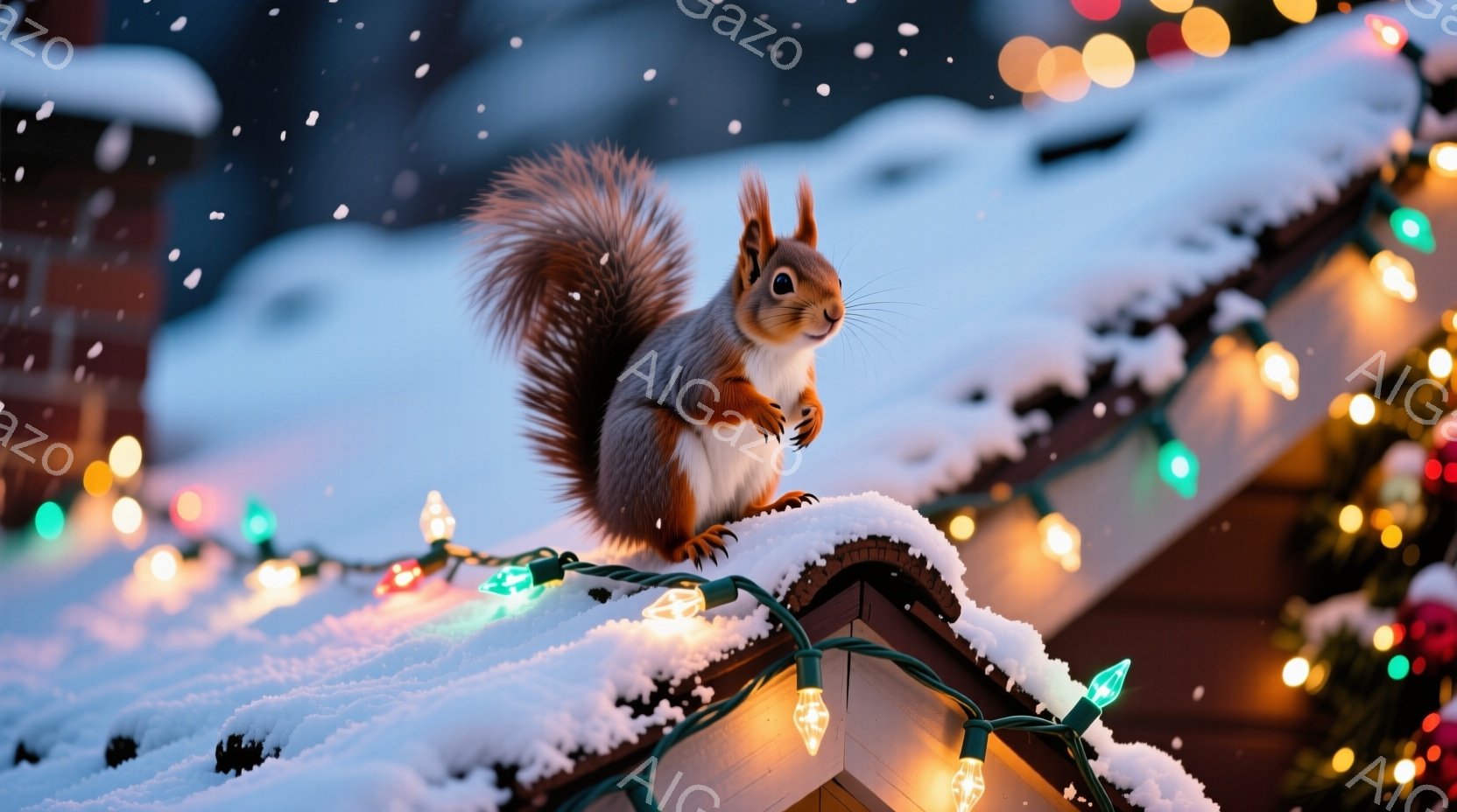 雪が降り積もった屋根の上に、毛並みの美しいリスが立っている。クリスマスのイルミネーションが屋根に巻き付けられており、リスは前足を組み、少し上目遣いで何かを見つめているようだ。背景にはぼやけた木々と家の - AI生成フリー素材