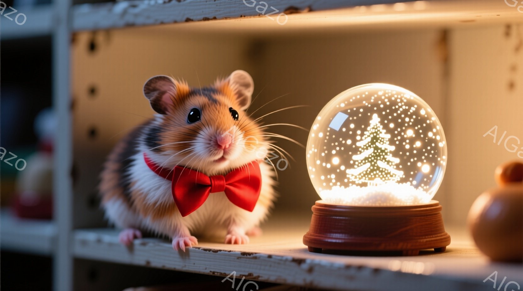 白と茶色の毛並みを持つハムスターが赤い蝶ネクタイを着用し、棚の上で前足を組んで立っています。背景には、雪の結晶が舞うクリスマスツリーが収められたガラスの雪球と、暖色系の装飾品が見え、全体的に温かく、お祝いの雰囲気を醸し出しています。ハムスターは少し微笑んでいるように見え、可愛らしさと遊び心に満ちた表情をしています。