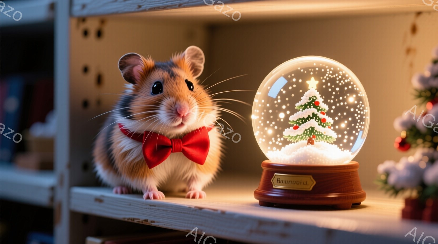 ハムスターが赤い蝶ネクタイをつけ、棚の上に座っています。その横には、雪が降るクリスマスツリーが入ったスノーグローブが置かれています。背景には、本や他の小さな装飾品がぼやけて見え、暖かくクリスマスの雰囲気を感じさせます。