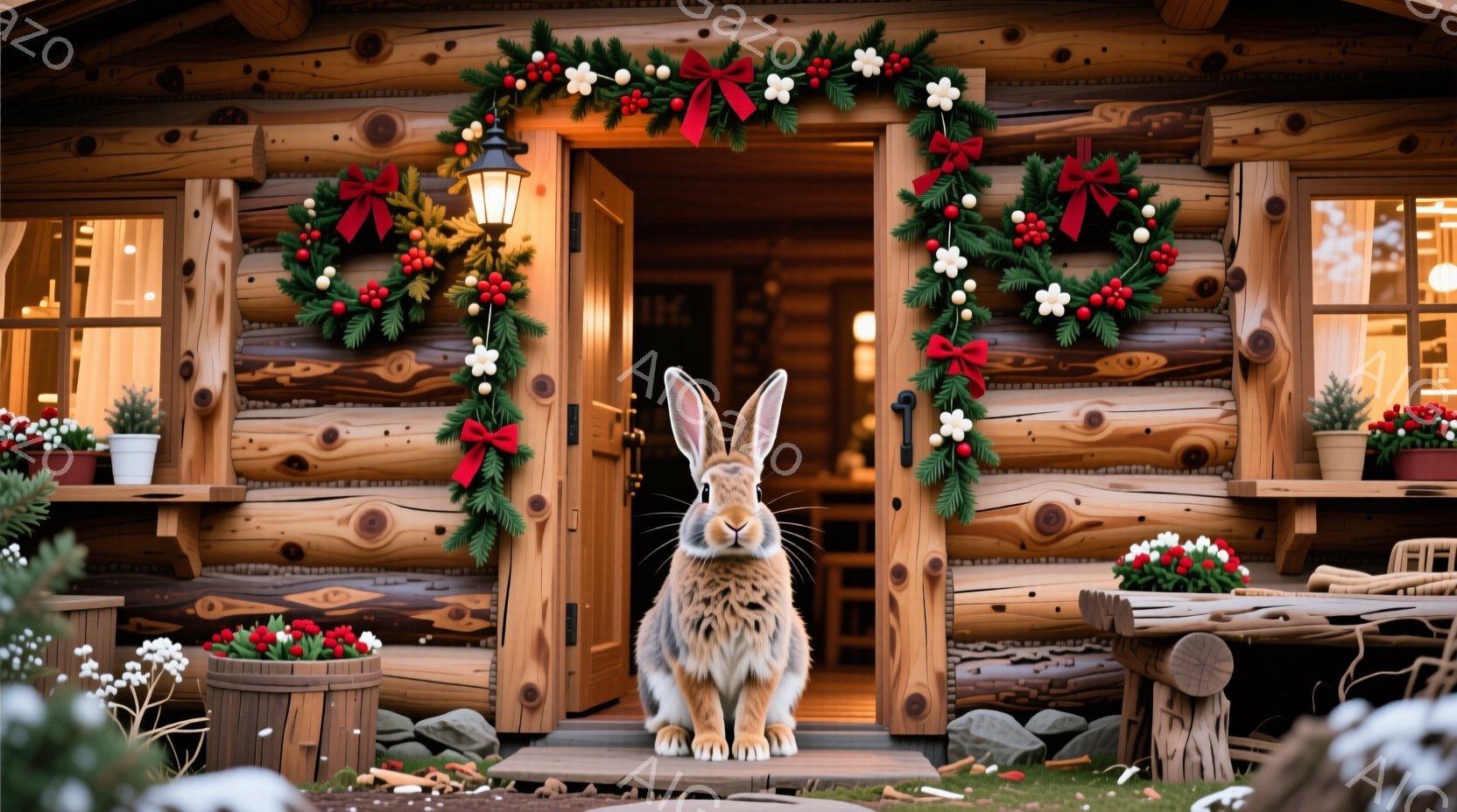 温かみのあるログハウスの入り口に、可愛らしい茶色のウサギが座っています。正面のドアには、赤いリボンと実が飾られたクリスマスリースが飾られており、入口付近には花が咲いたプランターや木製の樽が置かれています。背景には緑の芝生が広がり、全体的に穏やかでクリスマスの雰囲気が漂う、心温まる光景です。