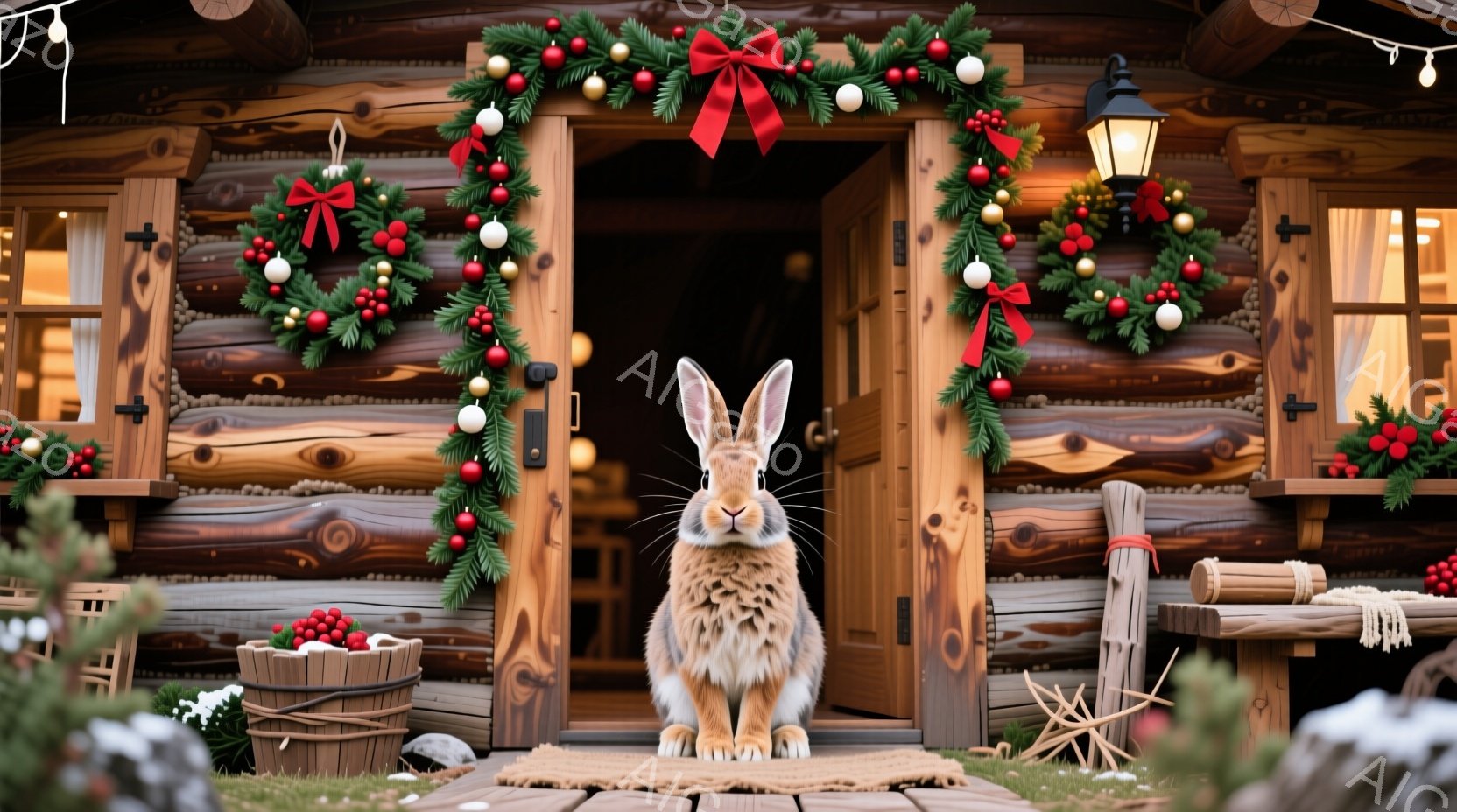 ログハウスの入り口に、大きな茶色のウサギが正面を向いて座っています。入り口はクリスマスリースと赤い実で飾られており、正面には小さな藁で作られた椅子とバケツが置かれています。背景には緑豊かな自然が広がっ - AI生成フリー素材