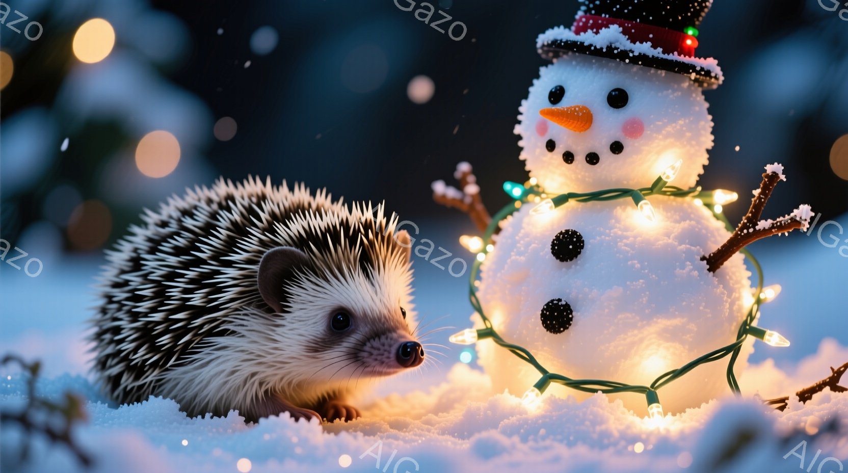 雪の上にいるハリネズミと雪だるまが写っています。ハリネズミは雪の中でうずくまり、雪だるまはクリスマスのイルミネーションライトで飾られ、にんじんと石炭で顔が作られています。背景は暗く、雪が舞っており、ぼ - AI生成フリー素材