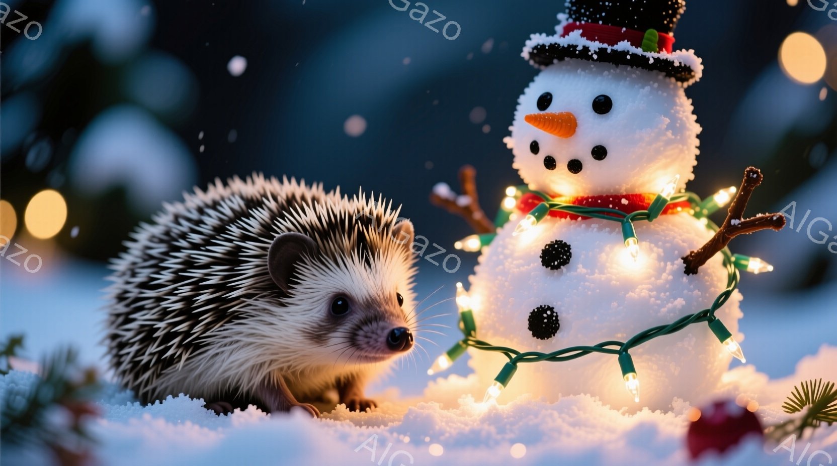 雪の上に可愛らしいハリネズミが横たわり、白い雪だるまと一緒に写っています。雪だるまはつばめのような鼻、炭のような目、そして赤いスカーフを身につけ、カラフルな電飾で飾られています。背景は暗く、ぼやけた木 - AI生成フリー素材
