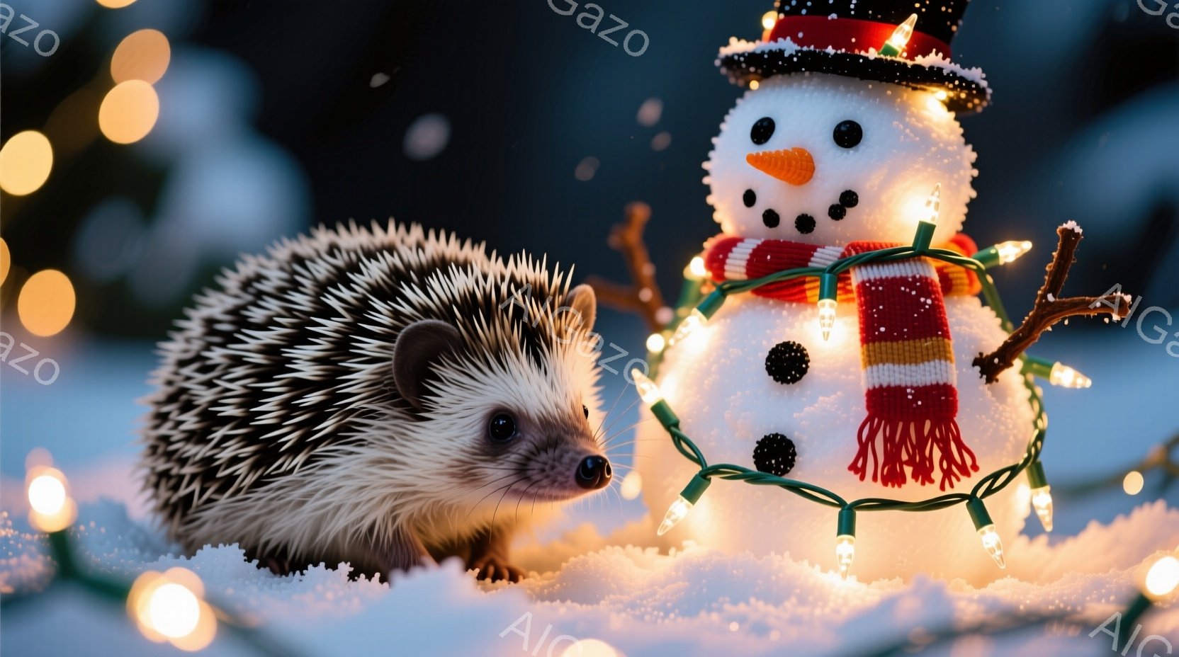 雪の上に、可愛らしいハリネズミが雪だるまと一緒に写っています。雪だるまは、赤い縞模様のマフラーと黒い帽子をかぶり、小さな光る電球で飾られています。背景にはぼやけた光が散りばめられており、暖かく、お祝いの雰囲気を作り出しています。