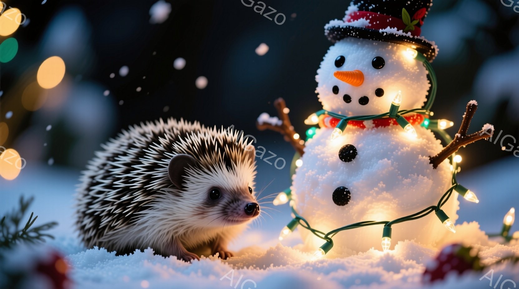 雪の上に、可愛らしいハリネズミが雪だるまと一緒に写っています。雪だるまは帽子をかぶり、にんじんの鼻と炭で作られた目と口を持っています。周りにはキラキラと輝く電飾が飾られ、クリスマスの温かく幻想的な雰囲 - AI生成フリー素材