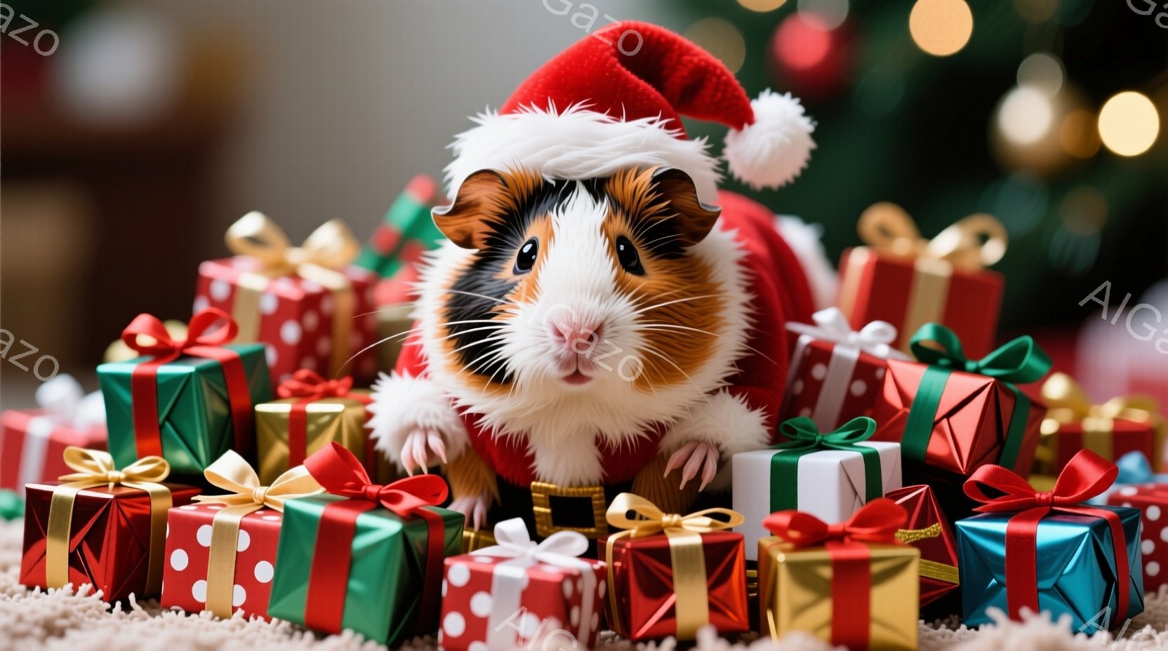 モルモットがクリスマスツリーの背景の前で、たくさんのプレゼントに囲まれて座っています。赤いサンタ帽をかぶり、赤いベストを着ており、とても可愛らしい表情をしています。プレゼントは赤、緑、白の包装紙で包ま - AI生成フリー素材