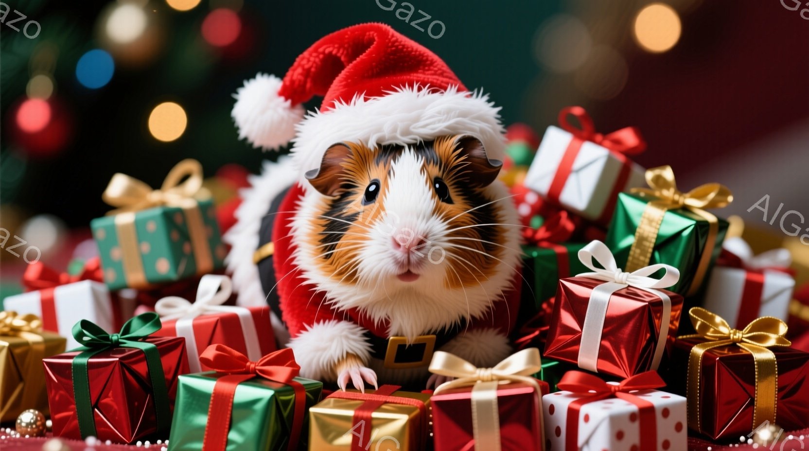 モルモットが赤いサンタの衣装を着て、プレゼントの山の中に座っています。その表情は好奇心と少しの驚きに満ちており、つぶらな瞳が印象的です。背景にはぼやけたクリスマスツリーの光が輝き、全体的に暖かく、お祝 - AI生成フリー素材