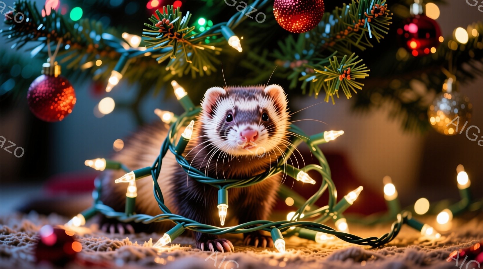 茶色のイタチがクリスマスツリーの電飾に囲まれて座っています。イタチは前足を伸ばし、少し好奇心と楽しそうな表情をしています。背景は緑のクリスマスツリーで、赤いオーナメントが散りばめられており、暖かくお祝 - AI生成フリー素材