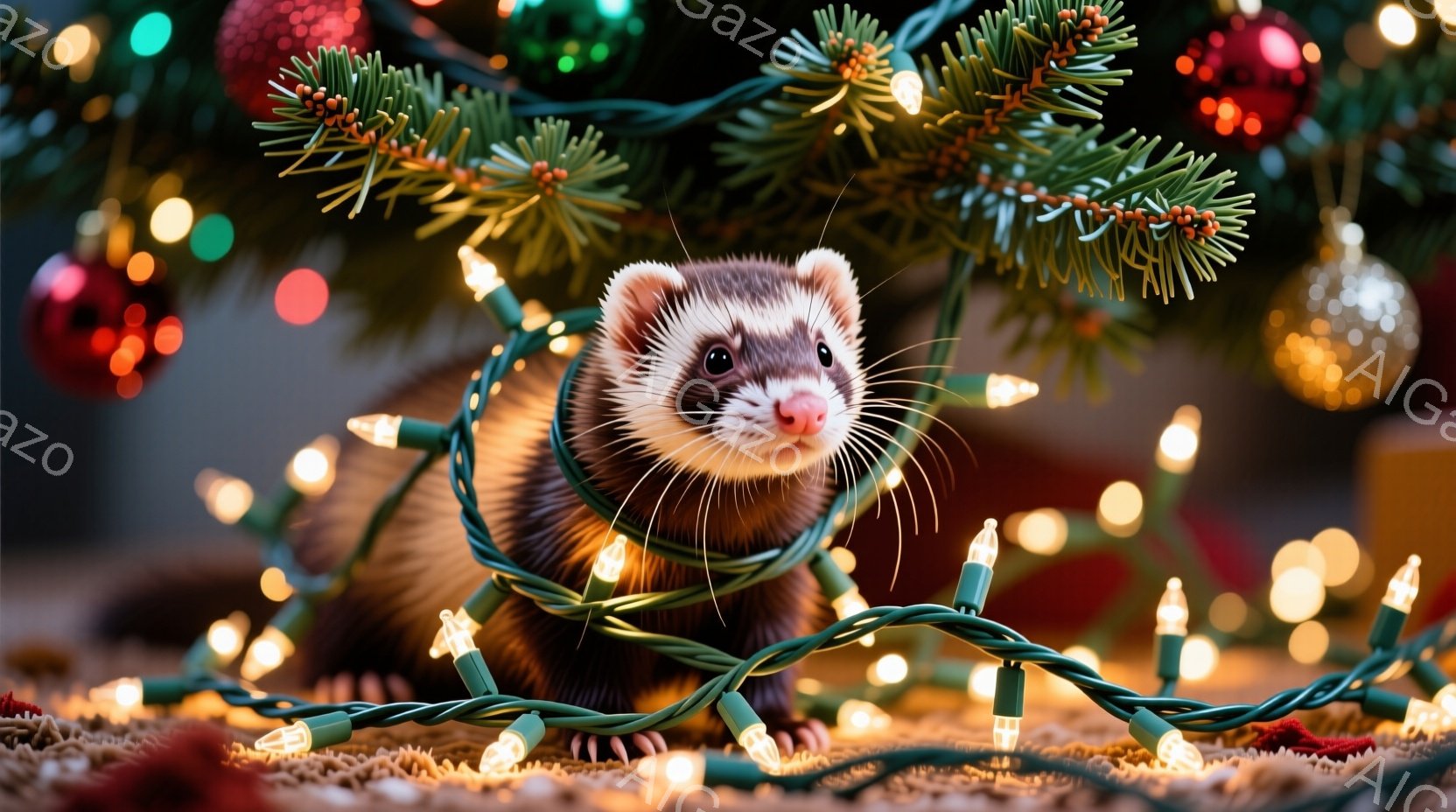 茶色のフェレットが、クリスマスツリーのイルミネーションの中に体を巻き付けています。フェレットは丸く縮こまっており、少しだけ顔を覗かせていて、可愛らしい表情をしています。背景には、緑色のクリスマスツリーと、様々な色のオーナメントがぼやけて写っており、暖かく、お祝いの雰囲気を感じさせます。