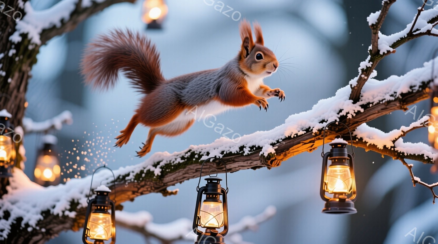 雪化粧された木の枝に、毛並みの美しいリスが躍動している様子が捉えられています。リスは前足を伸ばし、まるで飛び跳ねる直前のポーズで、その毛並みは冬の光の中で暖かく輝いています。背景には雪で覆われた木々と、暖かな光を放つランタンが並び、幻想的で温かい雰囲気を醸し出しています。