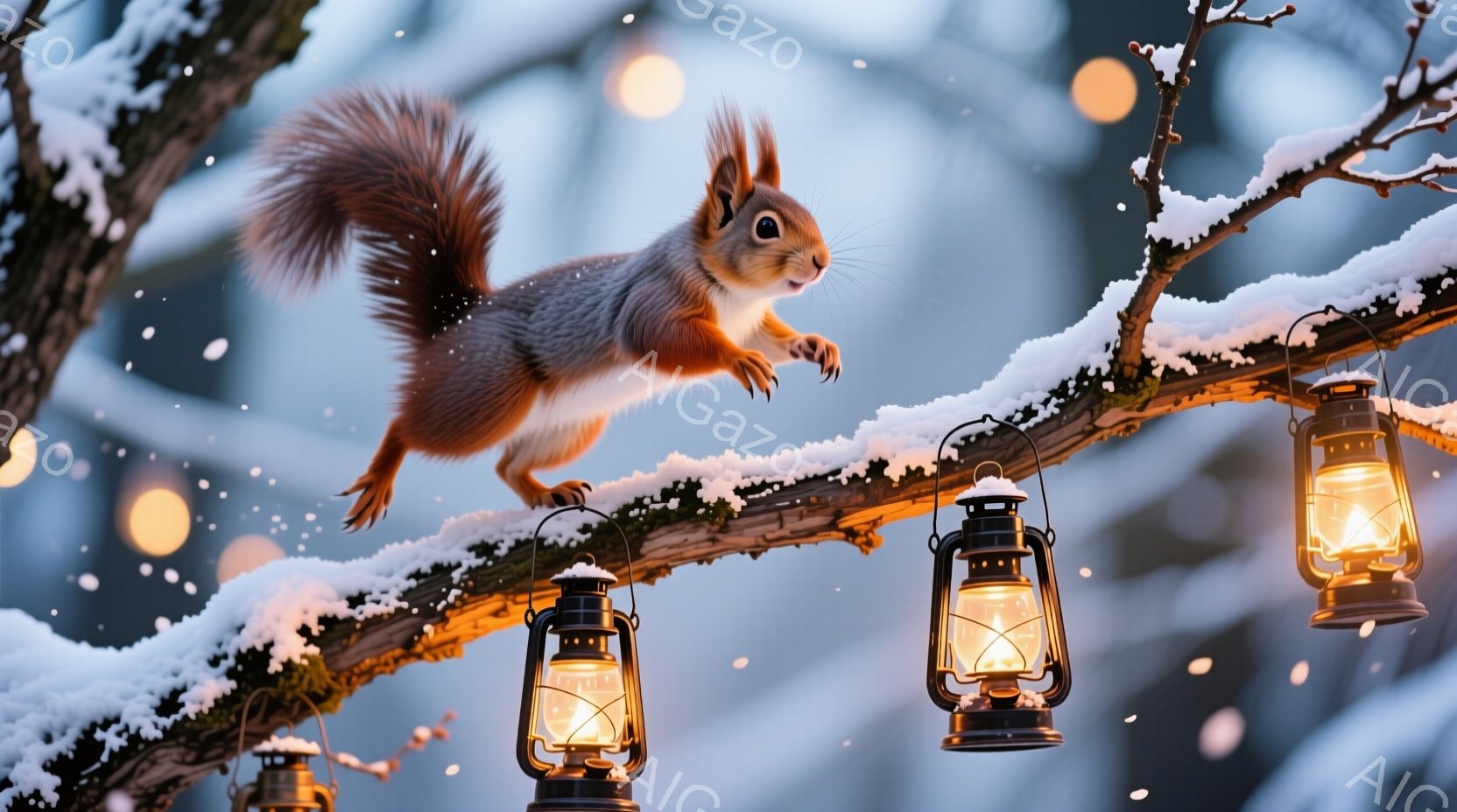 雪が舞う中で、リスが雪に覆われた枝の上で勢いよく飛び降りる瞬間を捉えた写真です。背景には、暖かい光を放つ複数のオイルランプが並び、冬の幻想的な雰囲気を醸し出しています。全体的に、遊び心があり、温かく、魅力的な冬の光景が表現されています。