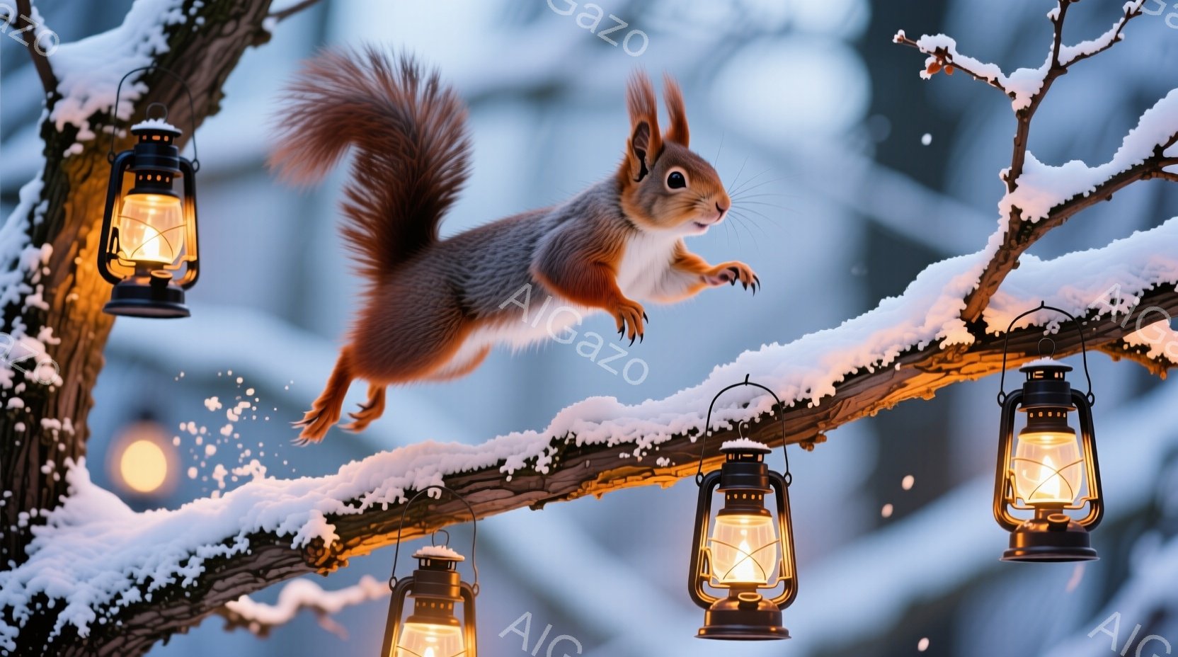 白い雪で覆われた木の枝の上で、リスが躍動的なジャンプをしています。周囲には、温かい光を放つ古いランタンが吊るされ、雪景色の中に幻想的な雰囲気を添えています。背景はぼやけていますが、暗い森と雪が降る夜空 - AI生成フリー素材