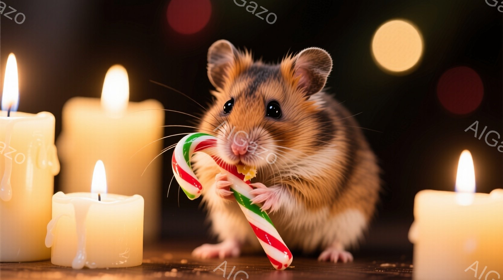 キャンディケーンをかじっているハムスターが写っています。ハムスターは茶色と白の毛並みで、小さな前足でキャンディケーンを支えながら、嬉しそうな表情でそれを味わっています。背景には、点灯したキャンドルがい - AI生成フリー素材