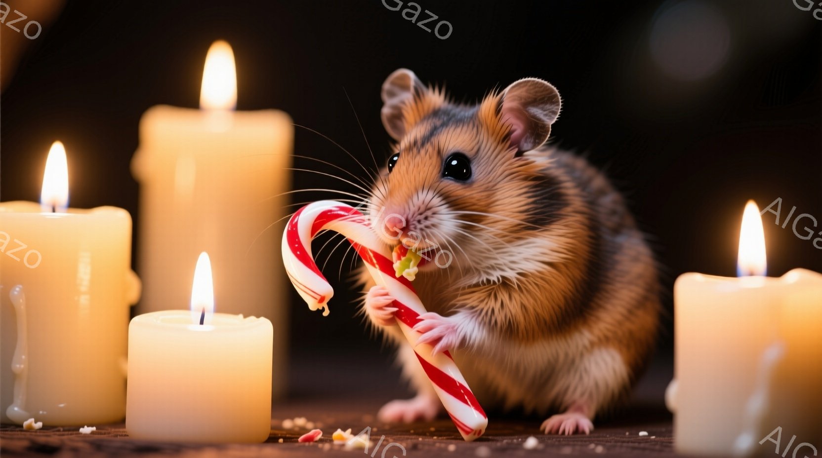 ハムスターが赤い縞模様のキャンディを両手でかじっています。周囲には数本の点灯したキャンドルがあり、暗い木製のテーブルの上にハムスターとキャンディの破片が散らばっています。 全体的に暖かく、落ち着いた雰囲気で、暗闇の中でキャンドルの光がハムスターを照らしています。