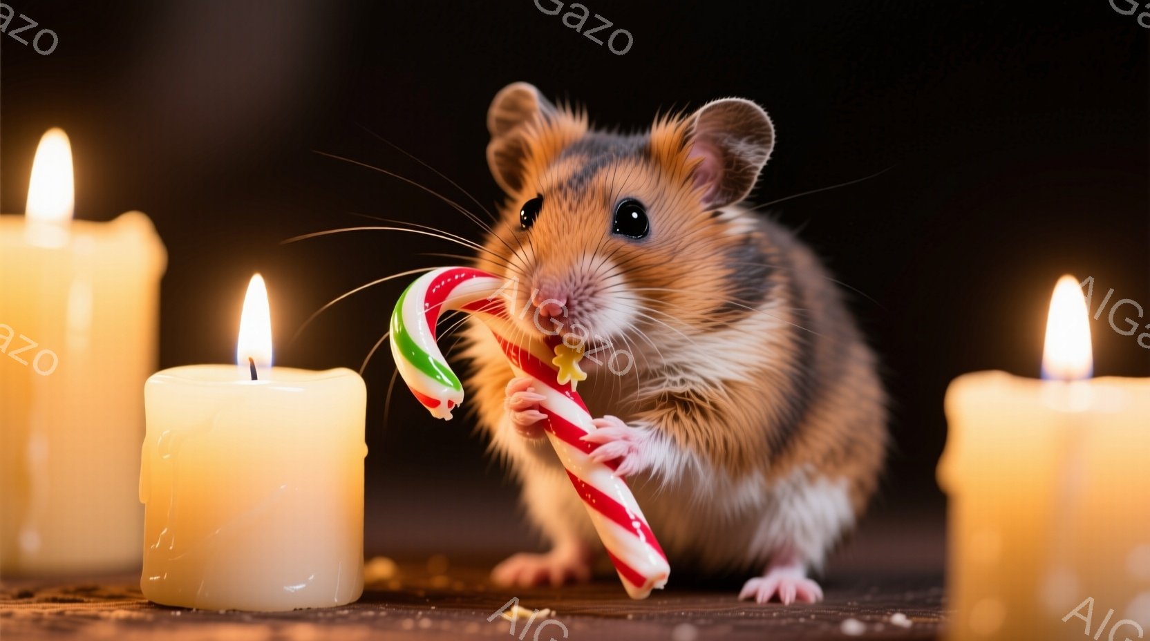 小さなハムスターが、赤と白のキャンディケーンを口にくわえて前を見つめている。背景には数本の火のついたキャンドルが置かれ、暗い木製の表面に暖かく優しい光を投げかけている。全体的に、温かく、幻想的で、少しお祝いのような雰囲気である。