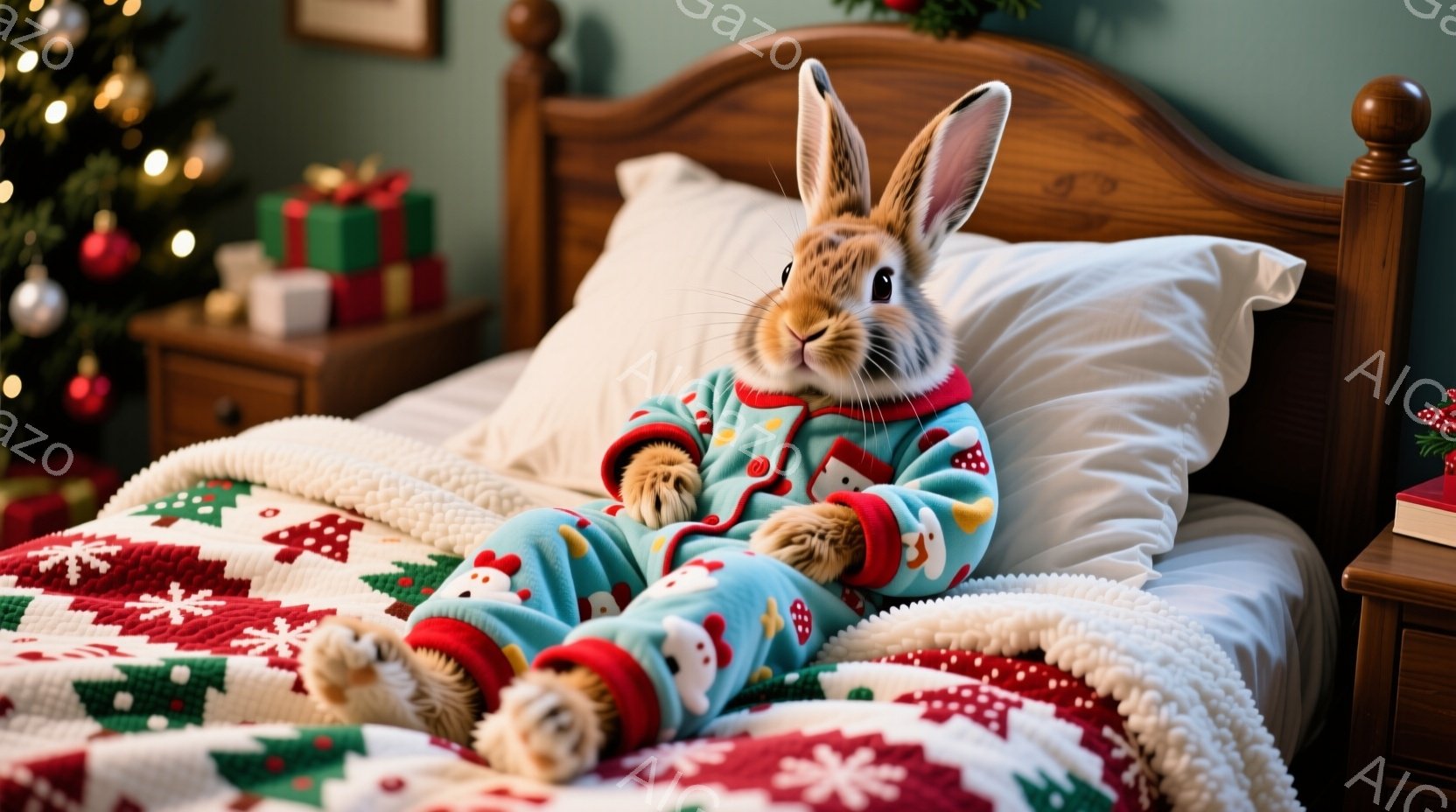ベッドの上に座っているうさぎが描かれています。うさぎはターコイズブルーのパジャマを着ており、足元にはふわふわのスリッパを履いています。背景にはクリスマスツリーとプレゼント箱が見え、温かく、お祝いムードに満ちた雰囲気です。