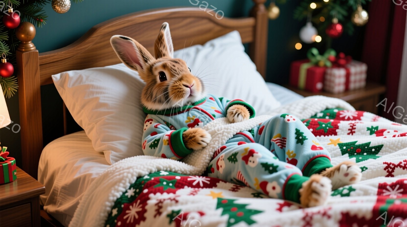 暖炉のそばにあるベッドで、緑色のクリスマス柄のパジャマを着たうさぎが仰向けに寝ています。うさぎはリラックスした表情で、両手を胸の上に組んでいます。背景にはクリスマスツリーやプレゼントが飾られ、暖かく穏 - AI生成フリー素材