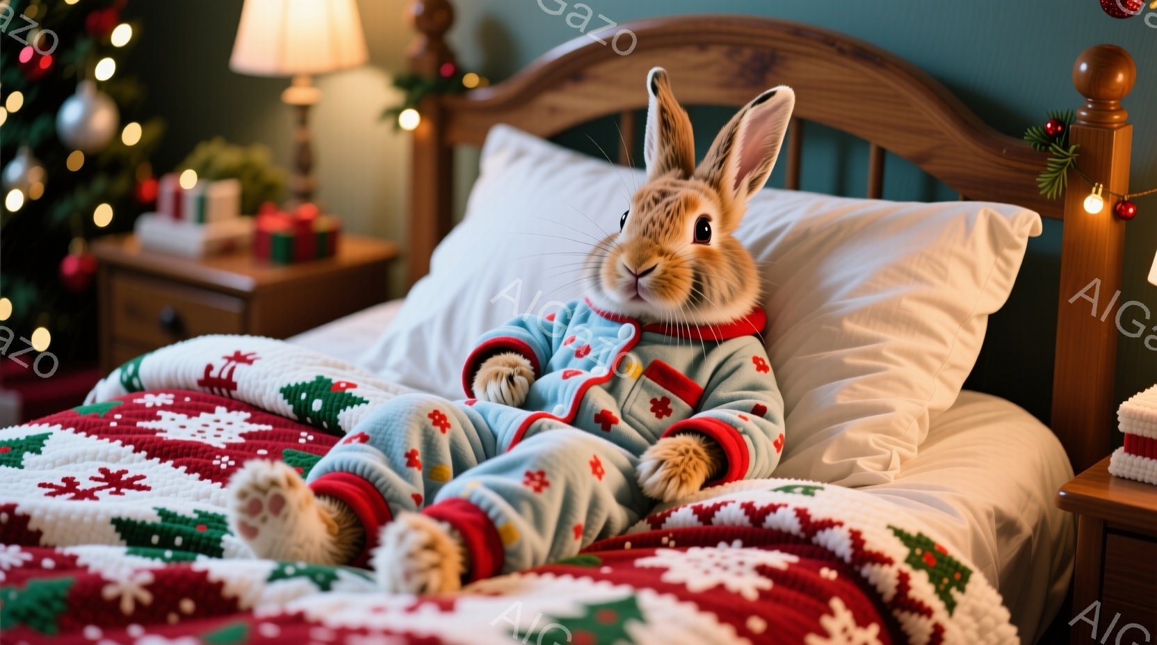 暖炉のそばにあるベッドに座っているウサギが描かれています。ウサギは赤い模様が入った緑色のパジャマを着ており、リラックスした表情で足を組んでいます。背景にはクリスマスツリーと装飾が施された暖炉が見え、温 - AI生成フリー素材
