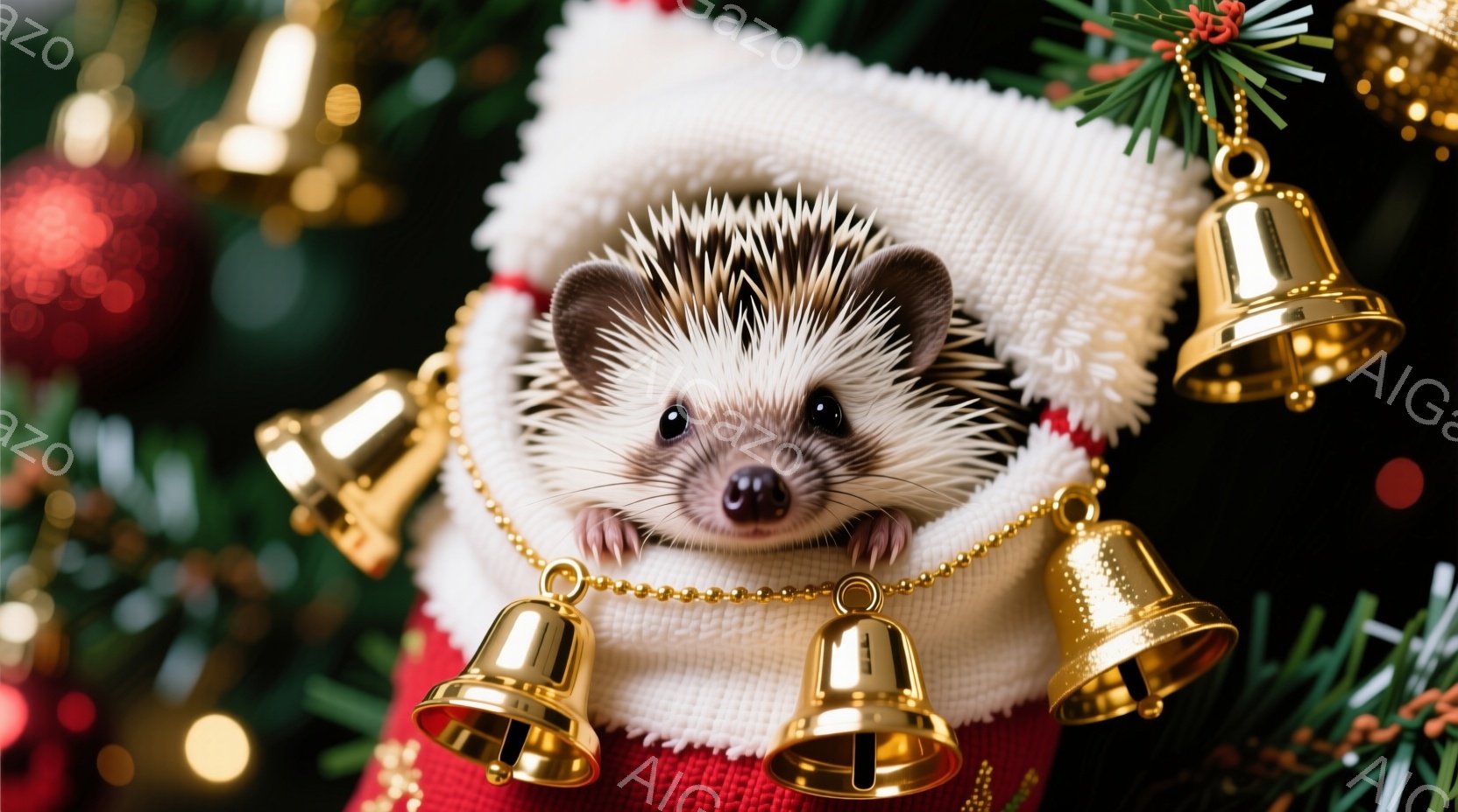 クリスマスツリーの背景に、可愛らしいハリネズミが赤い靴下の中にちょこんと座っています。ハリネズミは丸い目を輝かせ、小さな鼻を覗かせており、とても愛らしい表情をしています。靴下の縁には金色の鈴が飾られて - AI生成フリー素材