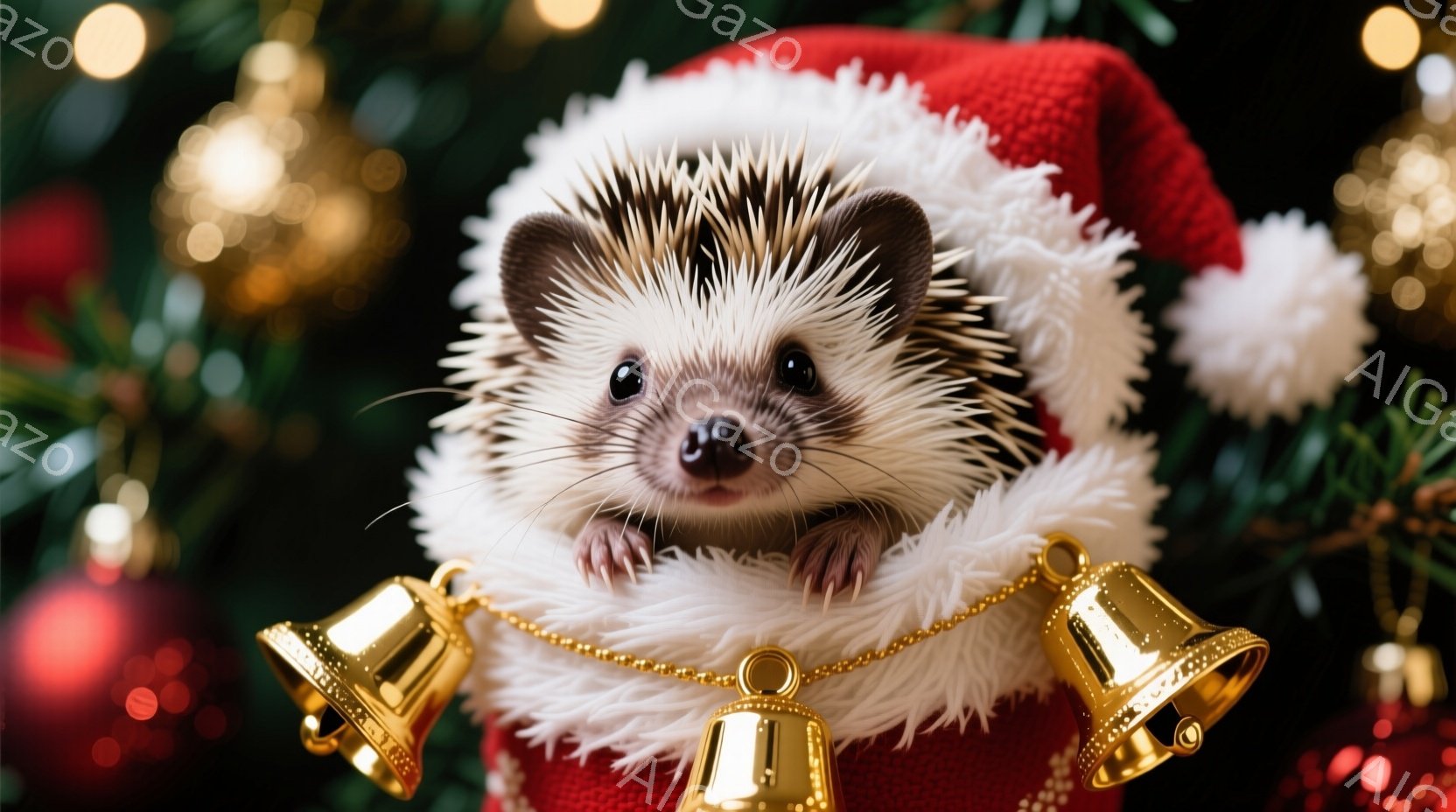 小さなハリネズミが赤いサンタ帽をかぶり、白いフリルが縁取られた帽子の中にちょこんと座っています。首には金のベルが繋がったチェーンが巻かれ、つぶらな瞳でこちらを見つめており、愛らしい表情をしています。背景には緑色のクリスマスツリーと赤いオーナメントが見え、暖かく、お祝いムードに包まれた雰囲気です。