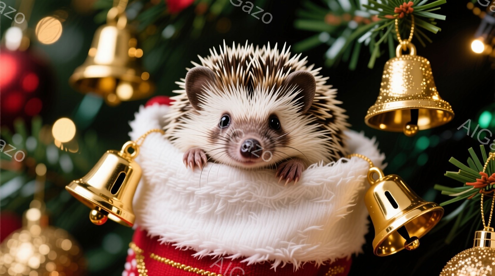 可愛らしいハリネズミが、赤と白のニットの衣装を着て、クリスマスの背景に佇んでいます。少し恥ずかしそうに前を見つめ、小さな前足を抱きしめる姿はとても愛らしいです。背景にはクリスマスツリーの装飾が散りばめ - AI生成フリー素材