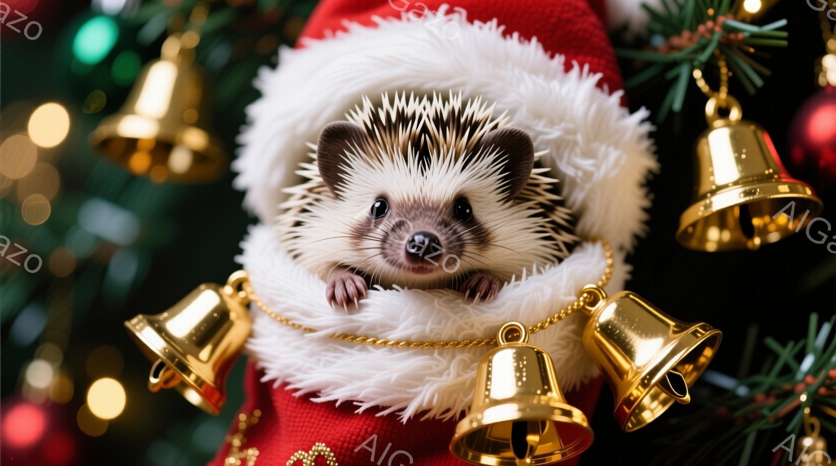 赤いクリスマス柄の靴下から、ふわふわの白い毛皮の縁取りがされた中に、可愛らしいハリネズミが顔を出しています。 黒い鼻とつぶらな瞳が印象的で、少し不安げながらも好奇心旺盛な表情をしています。 背景には緑のクリスマスツリーと金色のベルが飾られ、温かくお祝いムードに包まれています。