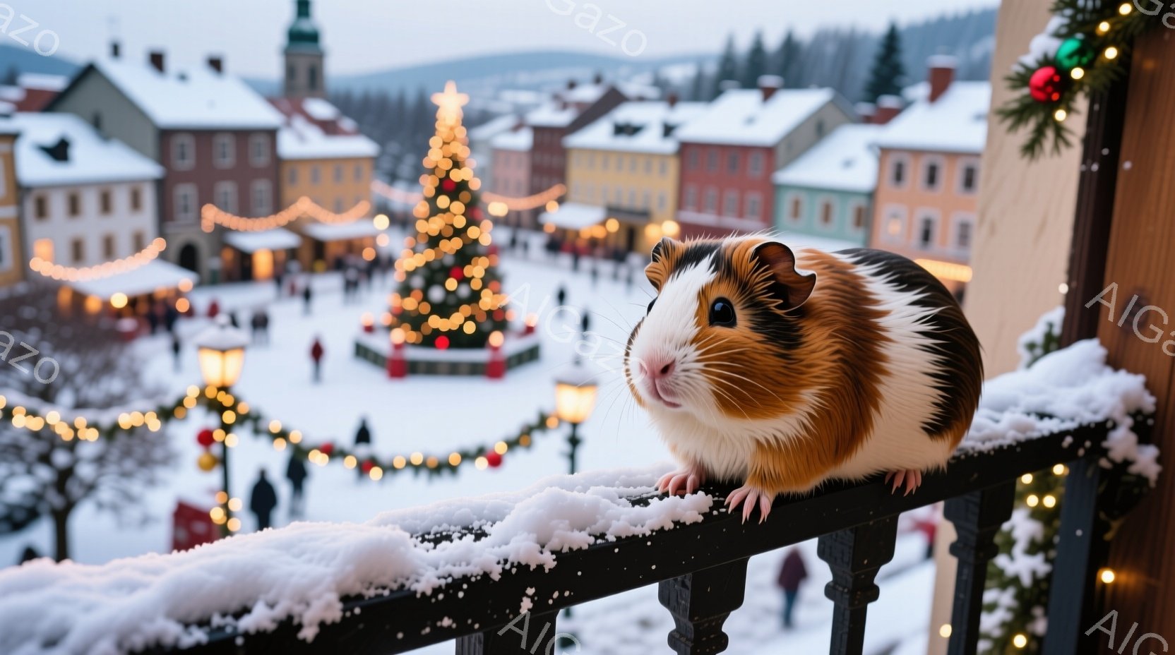 白と茶色の毛並みのモルモットが、雪で覆われた手すりに座ってこちらを見ている。背景には、クリスマスツリーが飾られた雪景色の中の街並みが広がり、多くの人々が歩いているのが見える。全体的に暖かく、冬のホリデ - AI生成フリー素材