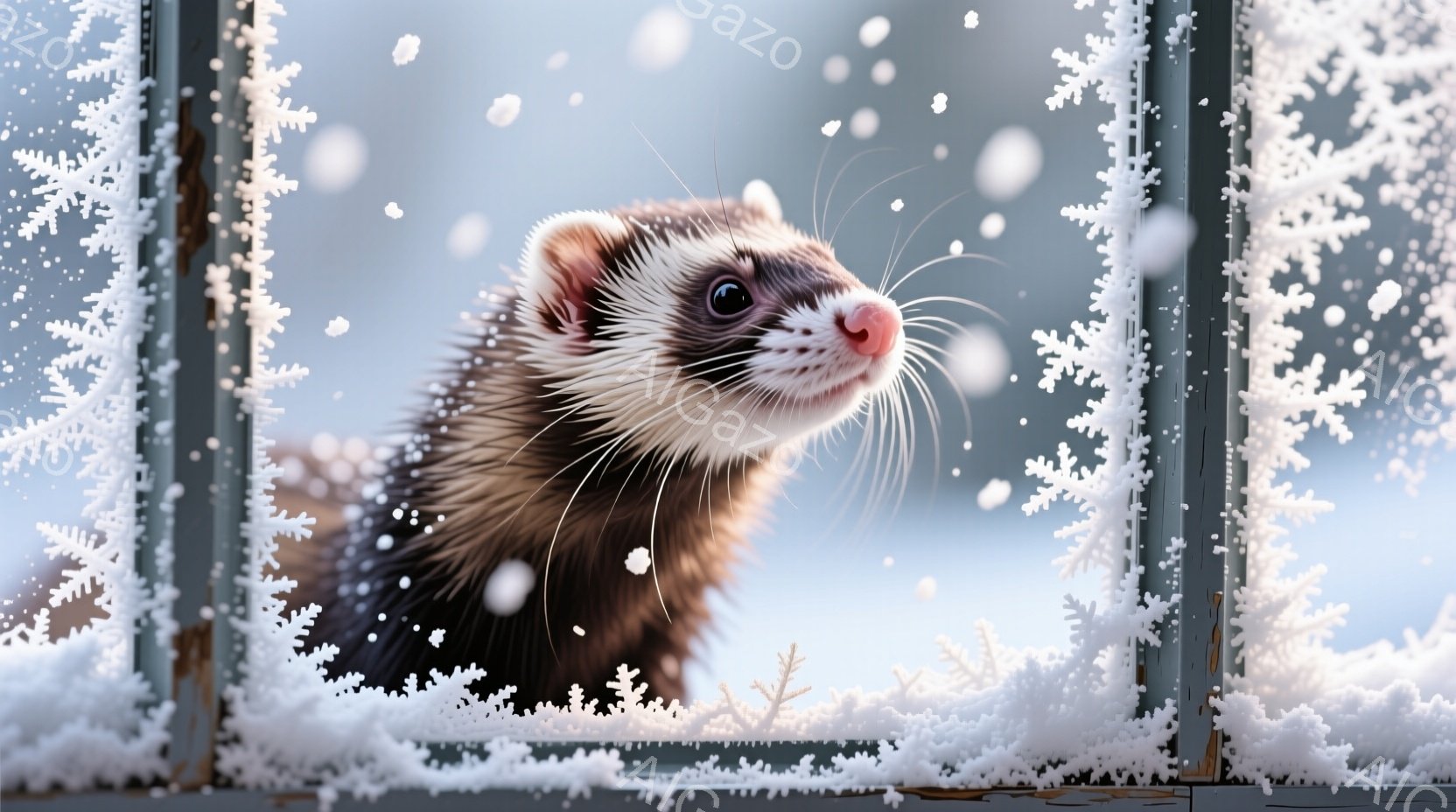雪が降り積もった窓枠に顔を近づけたフェレットを描いています。フェレットは茶色の毛並みで、鼻先がピンク色に輝き、好奇心とわずかな戸惑いが入り混じった表情をしています。背景は雪景色で、寒く静かな冬の日の雰 - AI生成フリー素材