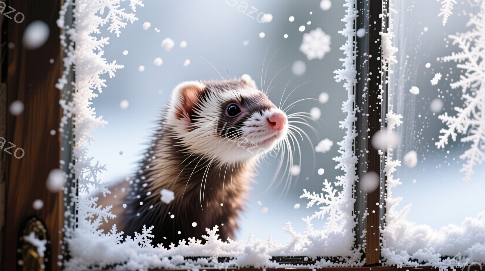 雪の結晶模様が描かれた窓枠に顔を寄せたフェレットが写っています。そのフェレットは茶色と黒の毛並みで、つややかな瞳とピンク色の鼻が特徴的です。背景には雪景色が広がり、冬の静かで穏やかな雰囲気が漂っています。