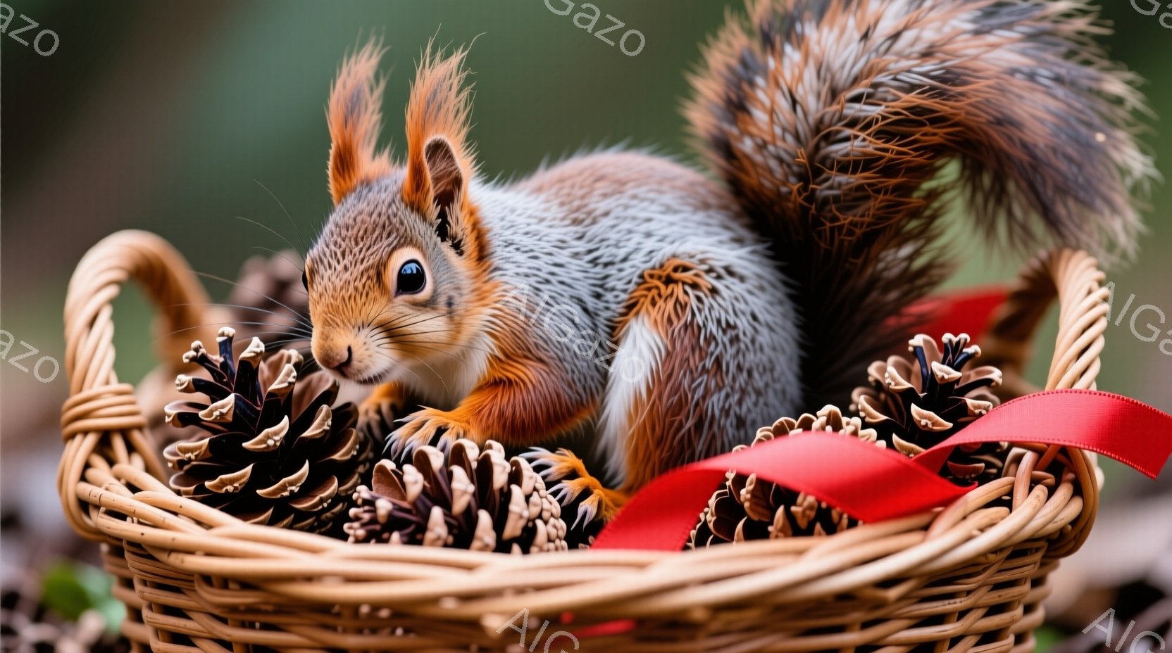 鮮やかな赤色のリボンと松ぼっくりで満たされたバスケットに、リスが可愛らしく座っています。リスは茶色と白の毛並みで、丸い瞳は好奇心旺盛な様子を捉え、ふわふわとした尻尾が特徴的です。背景はぼやけていますが - AI生成フリー素材