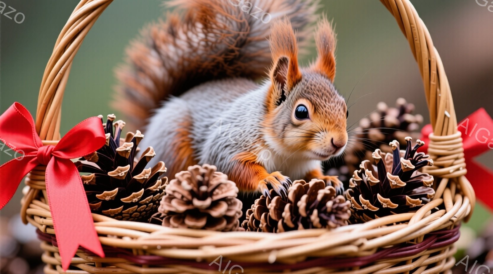 籠の中にリスがおり、周囲には松ぼっくりが散りばめられています。リスは前足を組み、少し上目遣いでこちらを見ており、その表情は好奇心と警戒心を同時に感じさせます。背景はぼかされており、クリスマスオーナメン - AI生成フリー素材